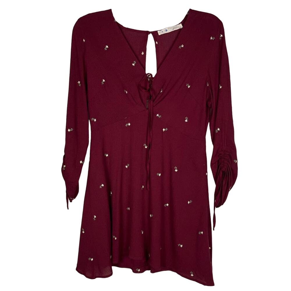 GRACE | Long Sleeve Midi Dress Floral Embroidered Burgundy L